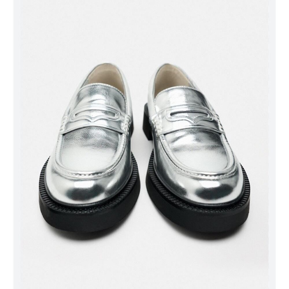 Zara Silver Metallic Loafers Platform Chunky Sole Faux Leather Shoes 37 6.5